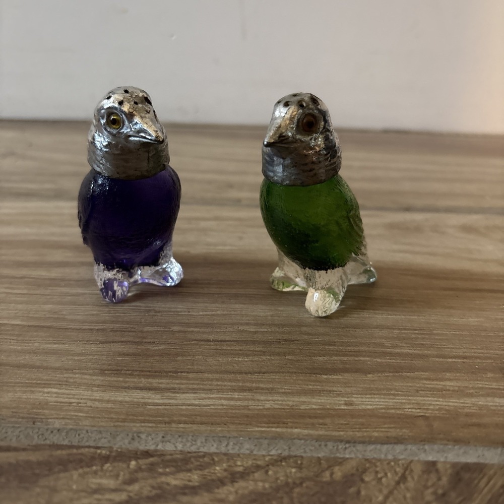 Antique Figural Bird Green Purple Glass Salt Pepper Shakers Glass Eyes 2.5in